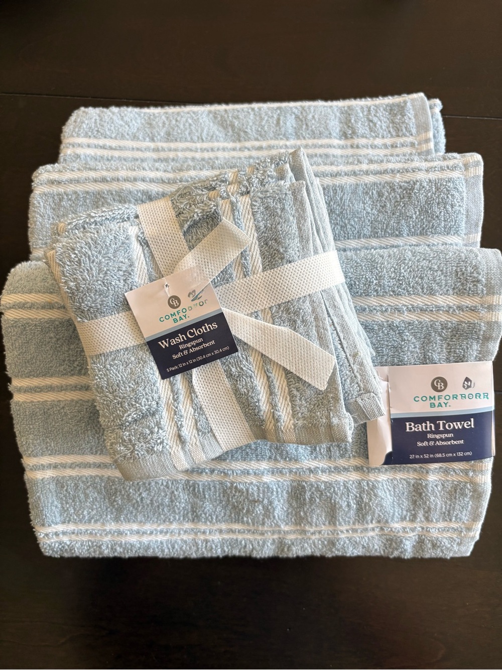 Comfort Bay 100% Cotton Light Blue Stripe Bath Towels Hand Wash Cloths